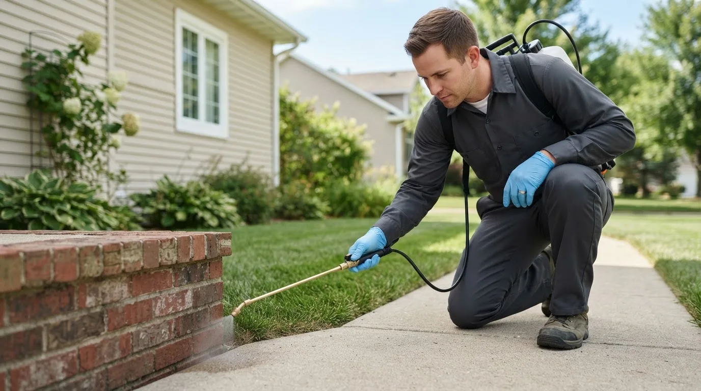 Pest control technician treating a home near Erskine, MN